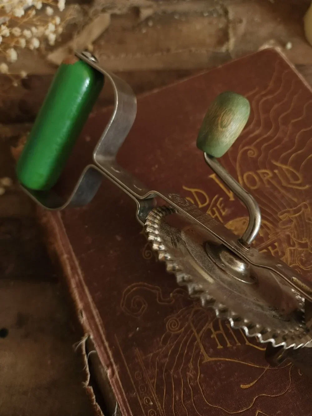 Vintage 190s Hand Mixer, A&J Manual High Speed Egg Beater with Green Wood Handle